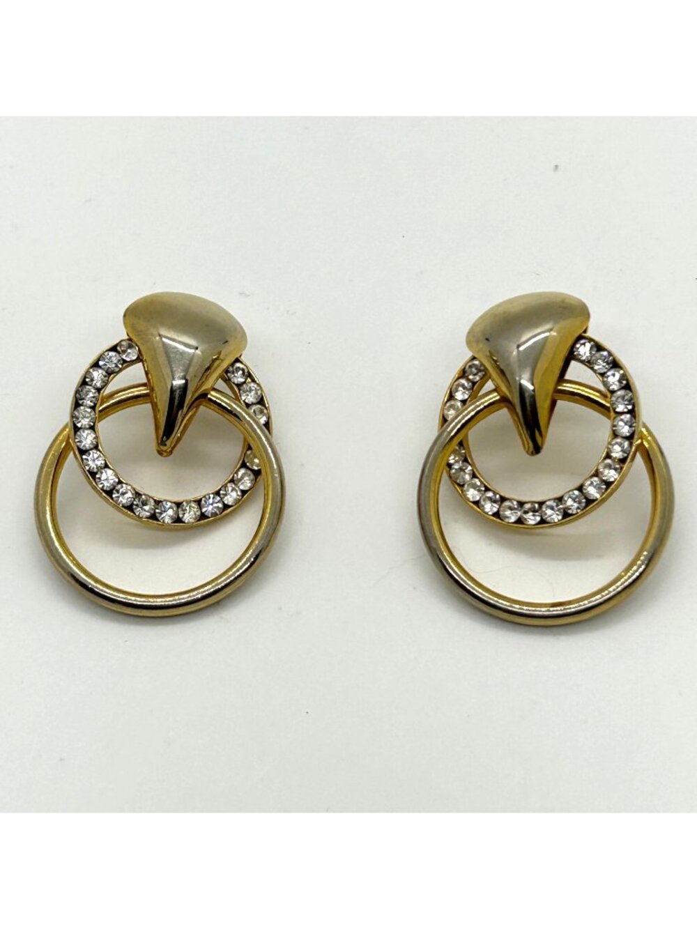 Vintage Goldtone Double Hoop Earring Rhinestone Door Knocker Statement Geometric